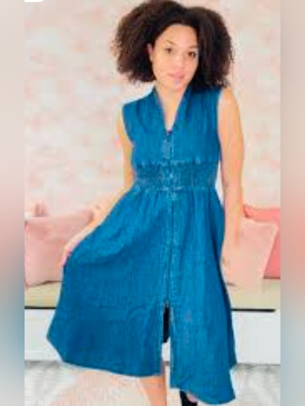 Entro Sleeveless Denim Zip Front Midi Dress Smocked Waist, Small